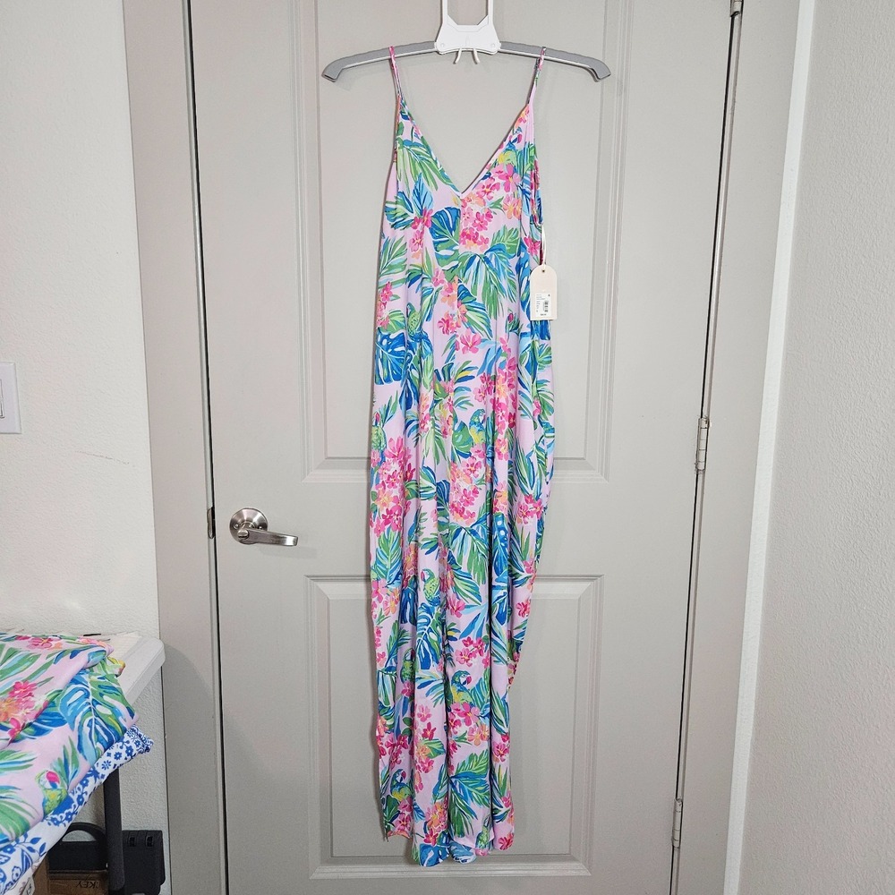 NEW Van Winkle & Co Tank Maxi Nightgown Women Small Colorful Parrot Jungle Print